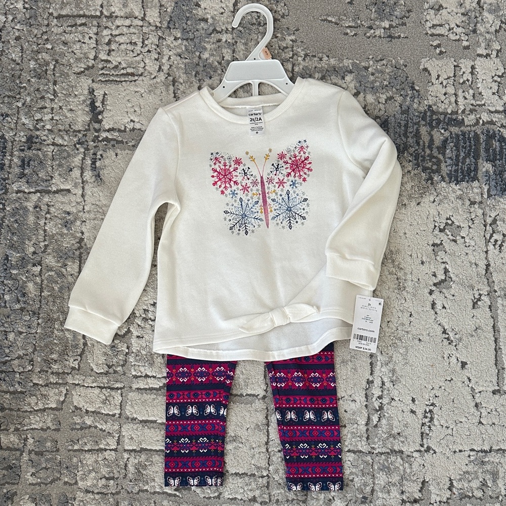 NWT Carter’sGirls' White long sleeveButterfly Top and Patterned Leggings Set 2T